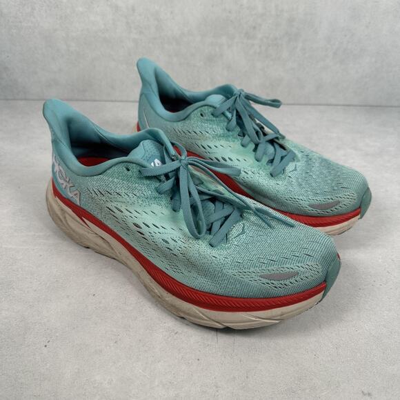 Hoka Clifton 8 Running Shoes Womens Size 9.5 Wide Teal Red Mesh Cushioned Road - Picture 1 of 14